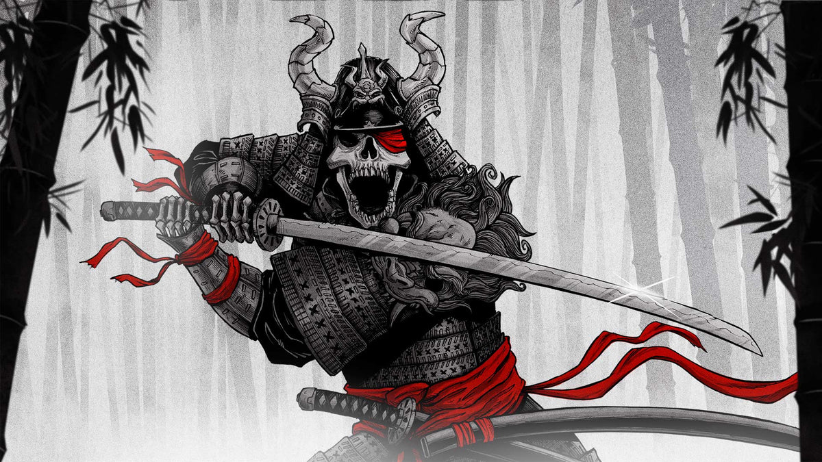 Black and white ShipRocked skull mascot wearing samurai armor, holding a sword and wearing red sash